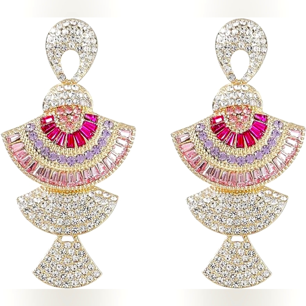 Elegant Pink & White Rhinestone Diamante Earrings